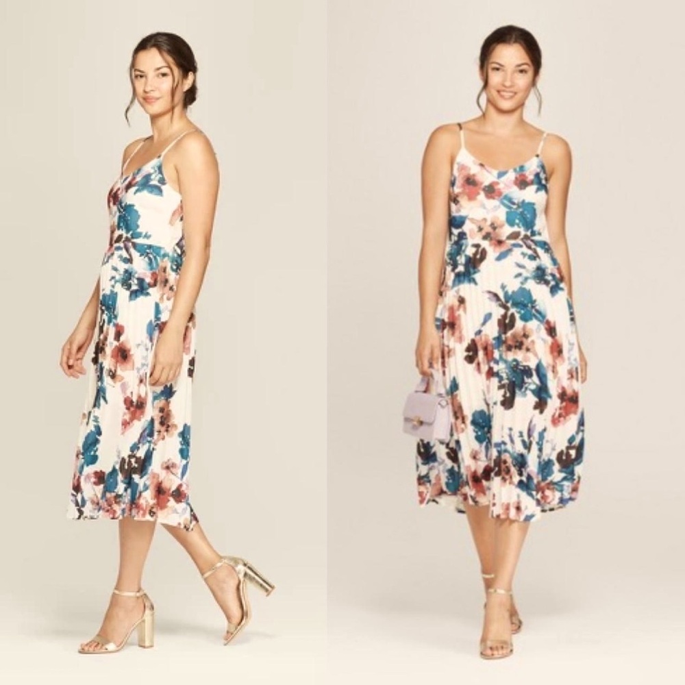 A New Day Floral Pleated Midi Slip Dress, White/Off-White, Size Medium.